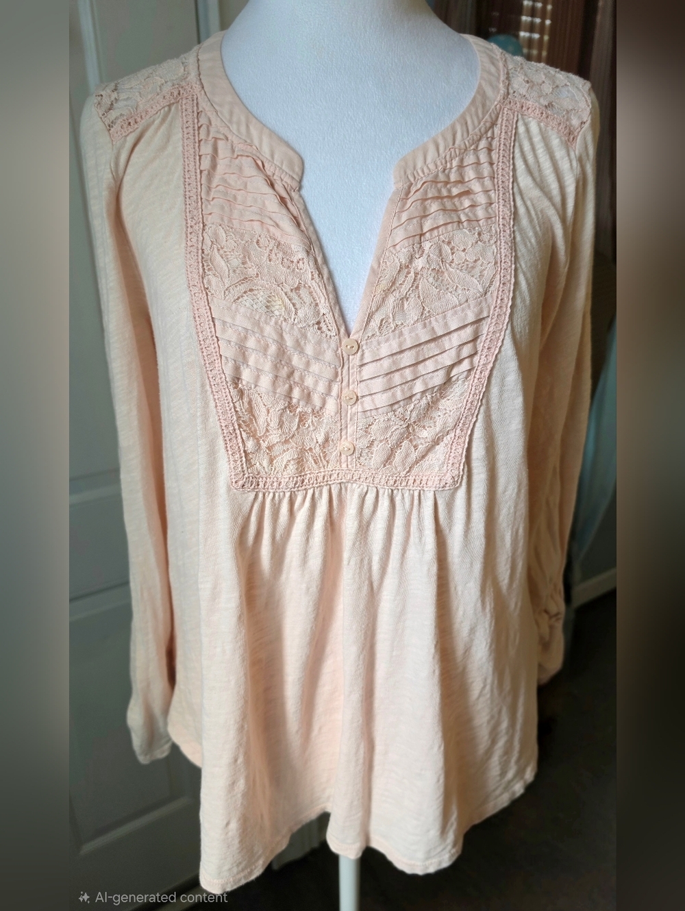 Anthropologie Meadow Rue Lace-Trimmed Peasant Top Womens M Peach 3/4 Roll Tab
